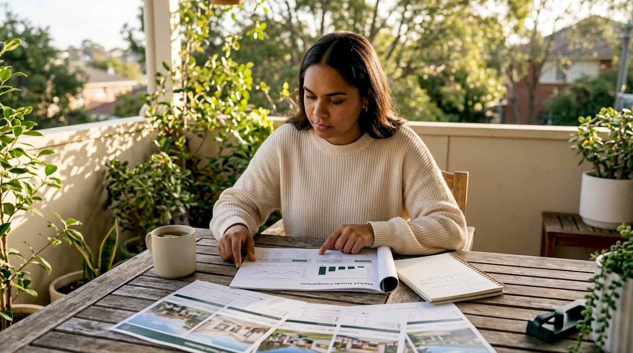 Hands reviewing Sydney property market data at kitchen counter