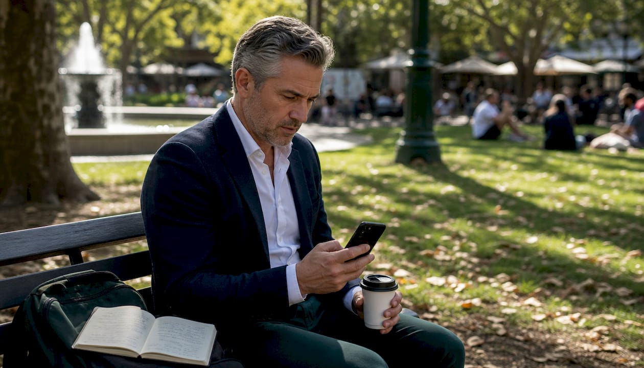 Man anxiously checking phone outside café during auction