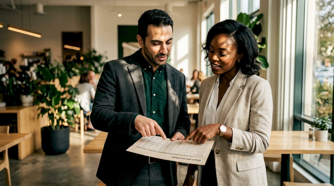 Agents discussing days on market chart in office