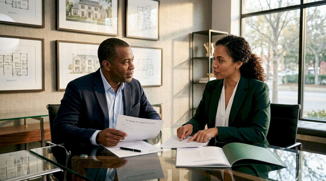 Buyers agent and client discussing pre-approval papers