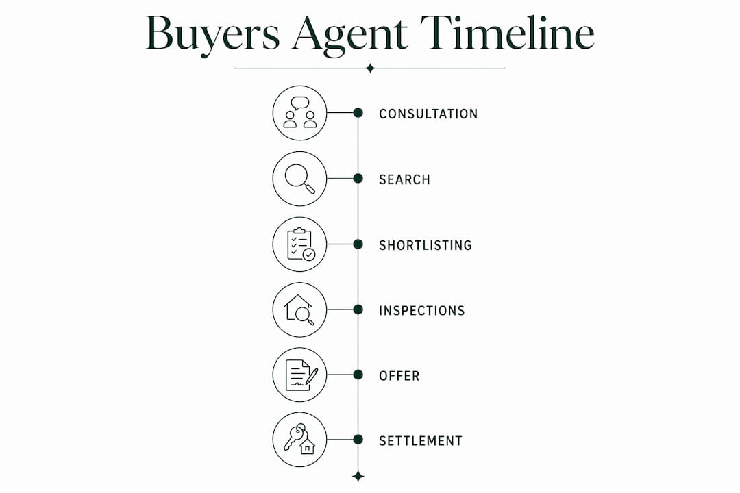 Infographic showing key stages of buyers agent timeline
