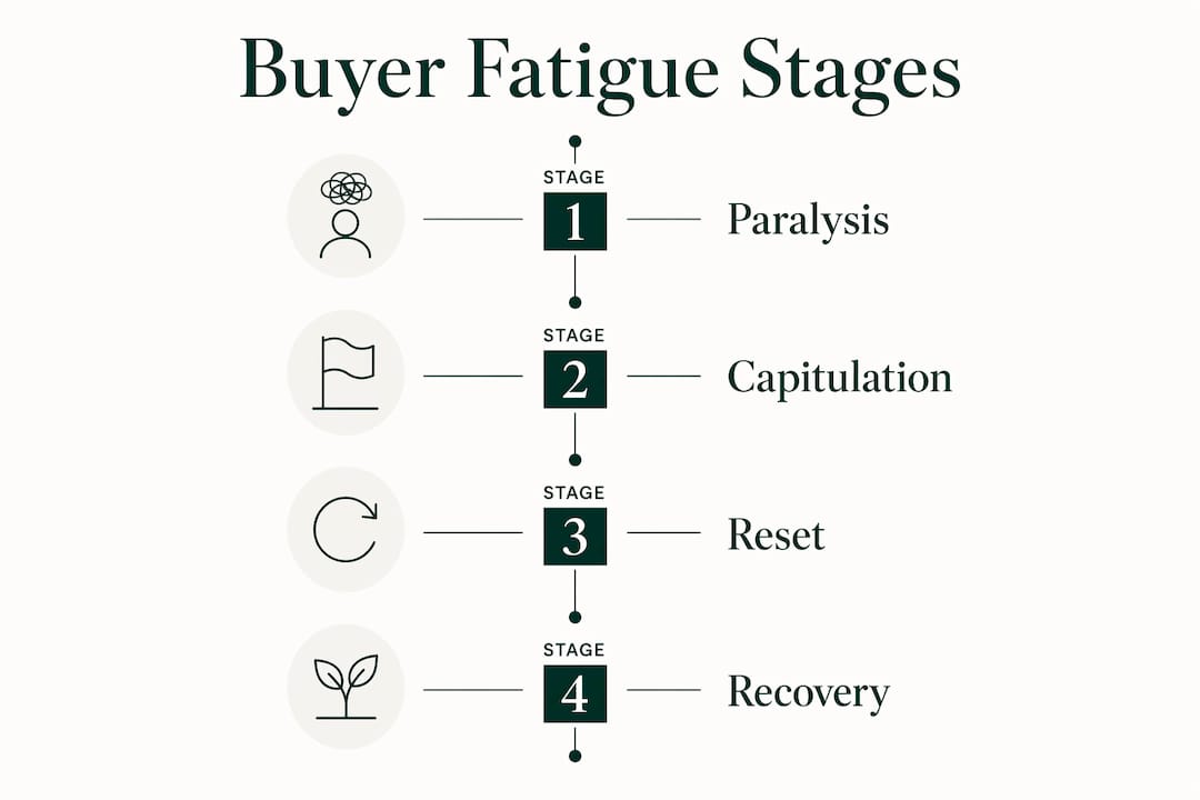 Infographic illustrating stages of buyer fatigue in property market