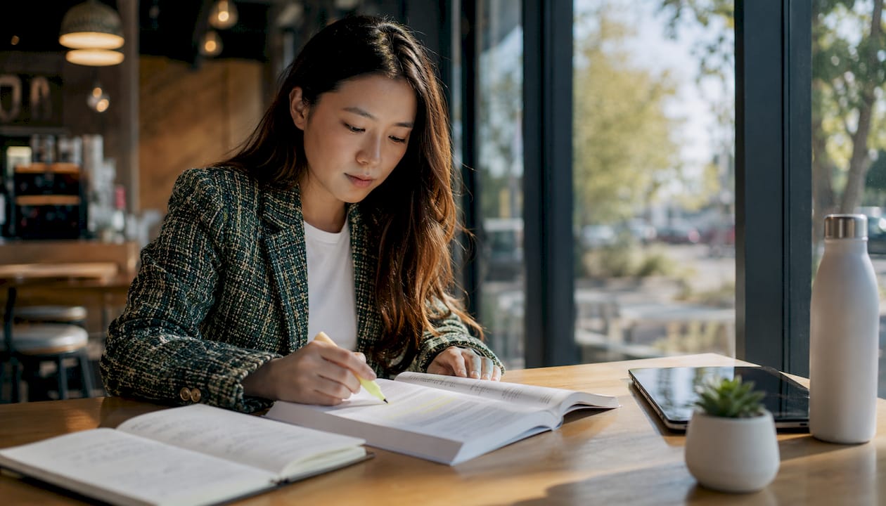 Woman studying real estate practice certificate at home