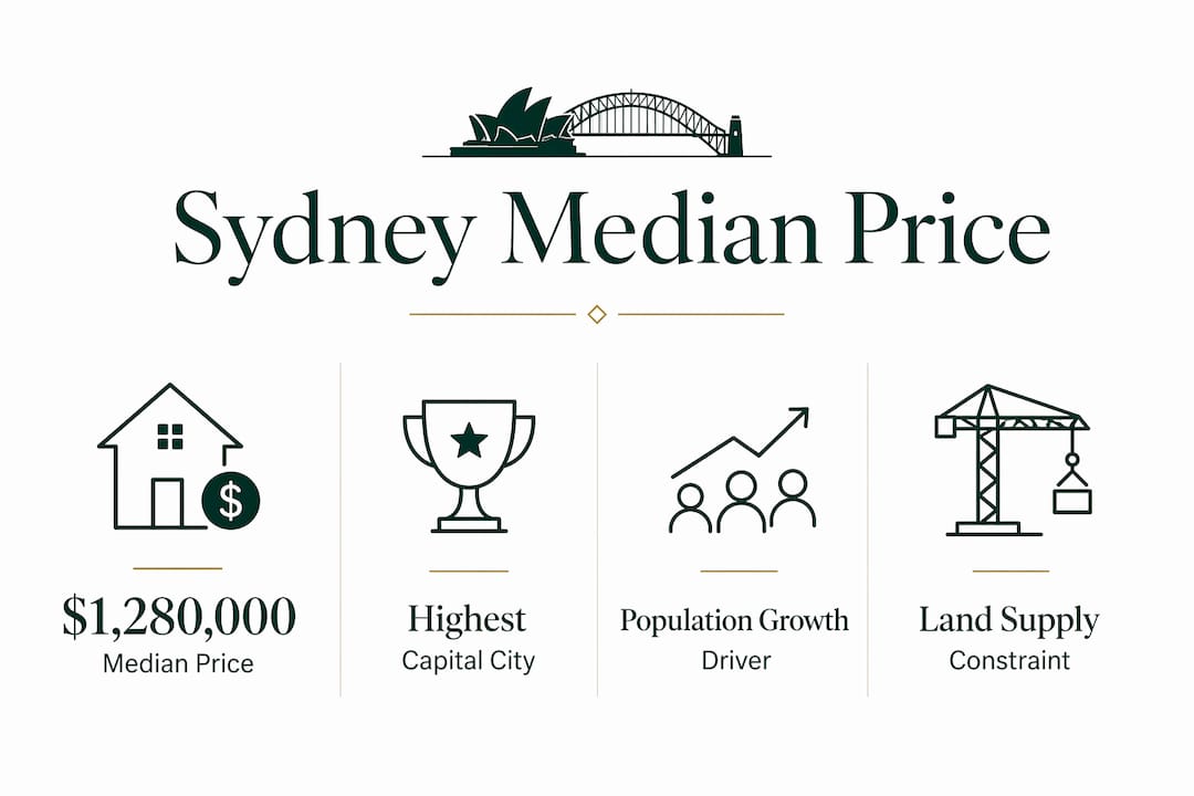 Infographic showing Sydney median price and market drivers