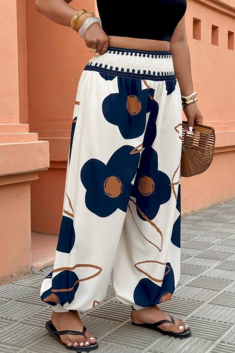 Plus Size Floral Print Elastic Waist Pants | Women's Casual Wide Leg Pants