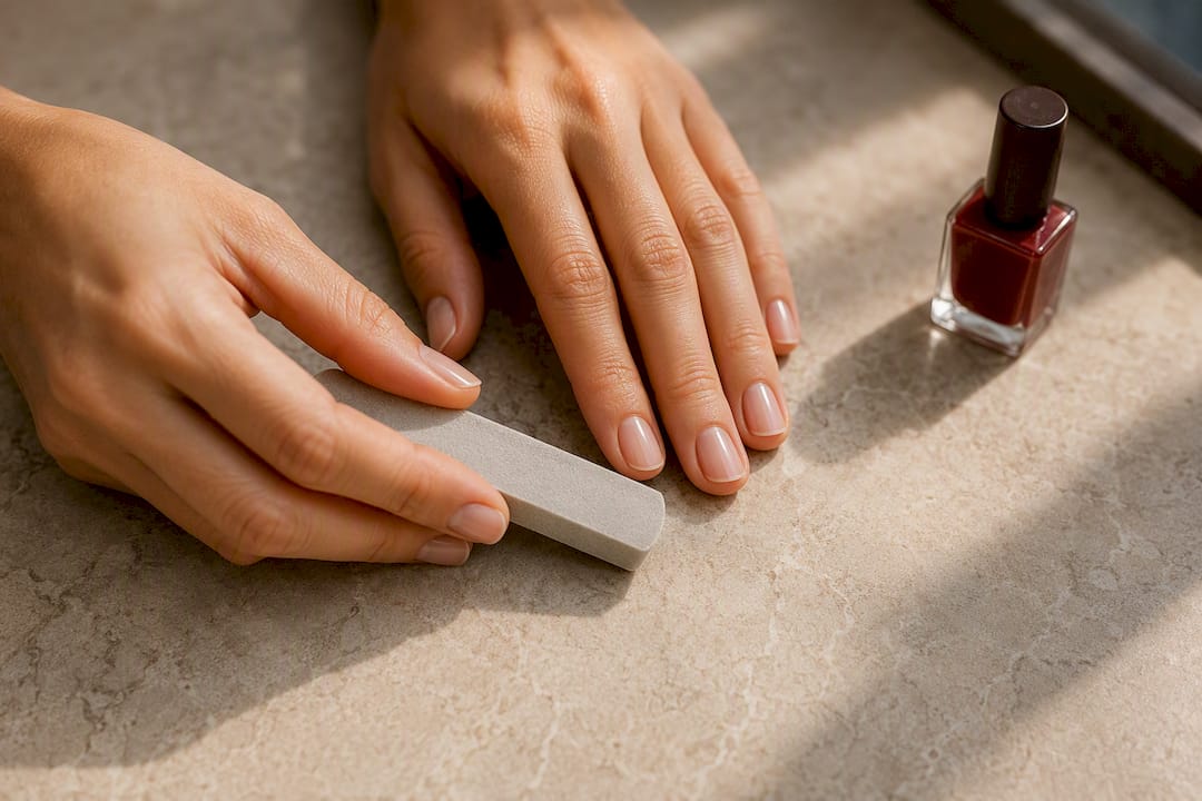 Hands buffing a short polished manicure