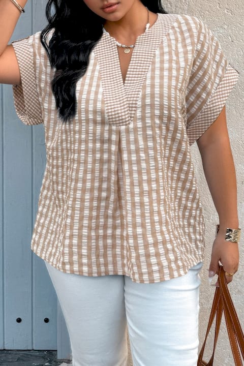 Plus Size V Neck Textured Plaid Patchwork Blouse | Women's Casual Top