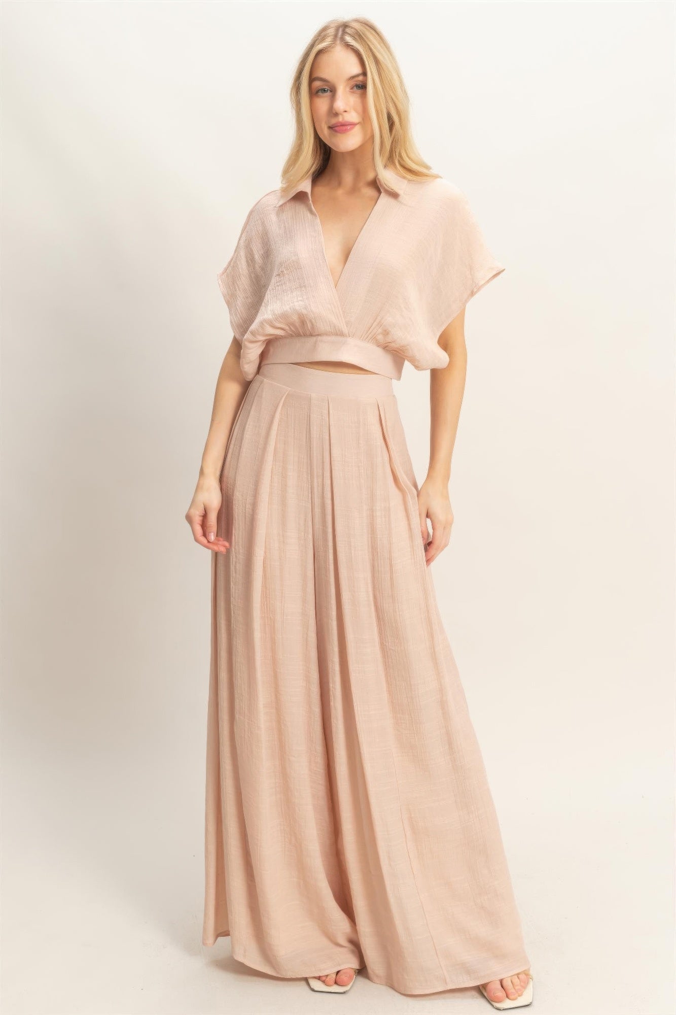 Women's Collared Wrap Top & Wide-Leg Pants Set | Stylish 2-Piece Outfit