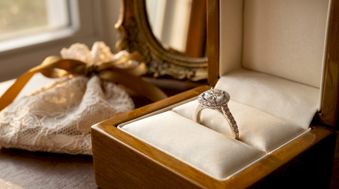Close-up of classic diamond halo ring