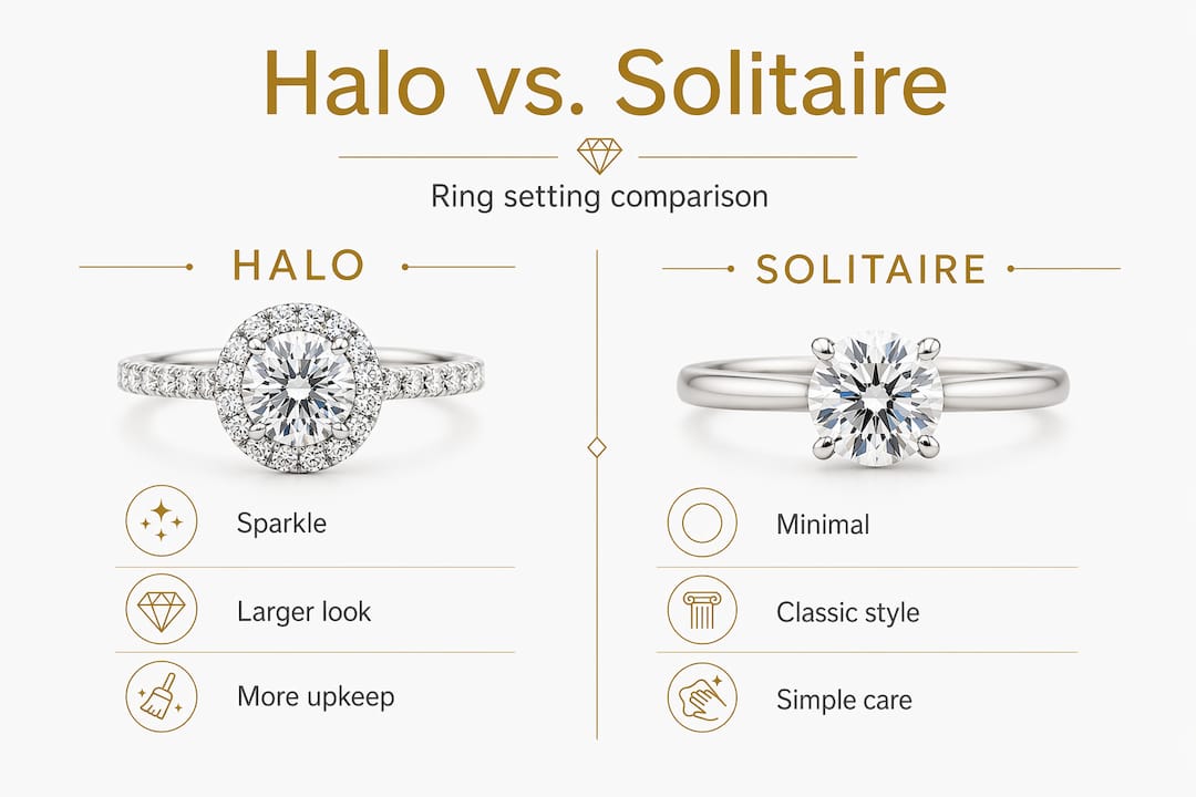 Infographic comparing halo and solitaire ring settings