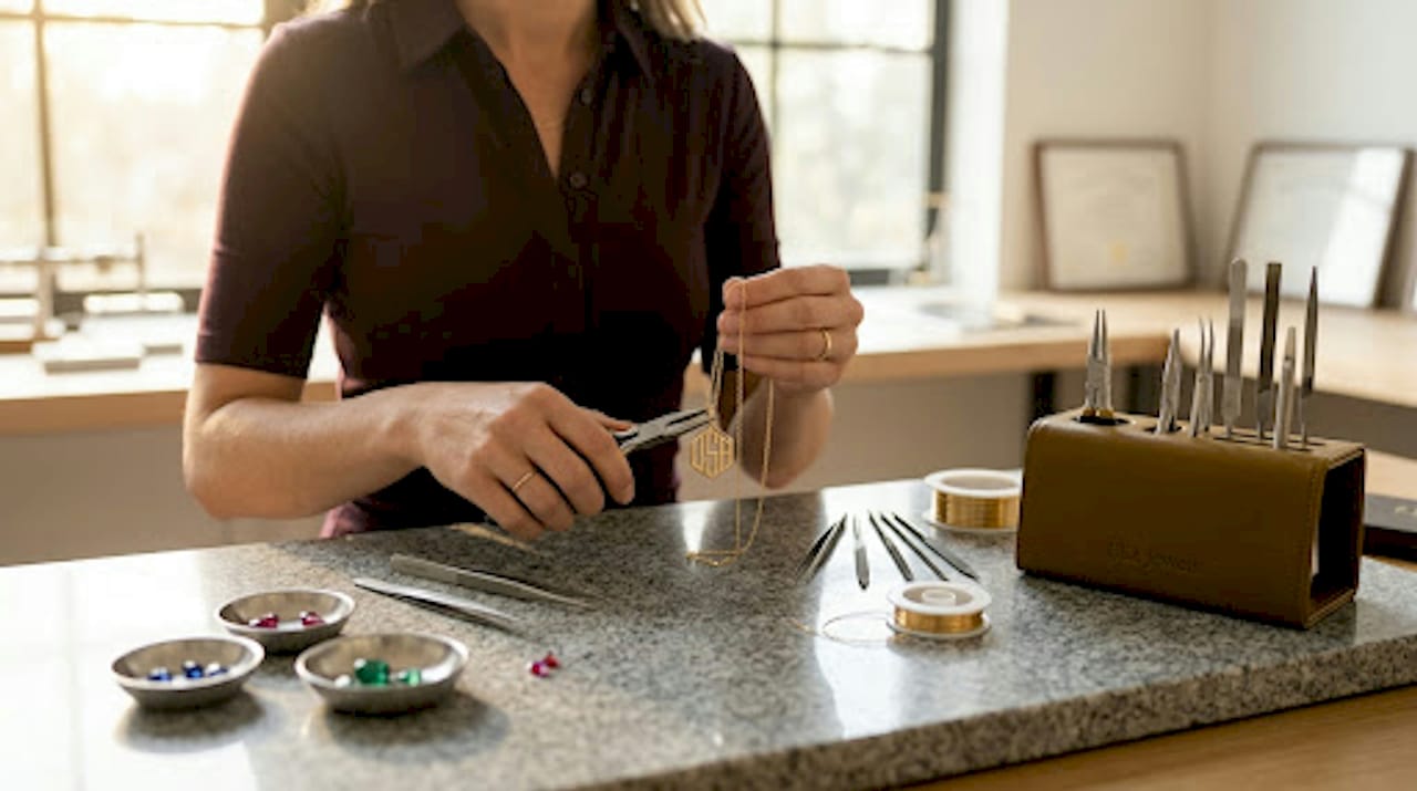 Jeweler hands crafting custom necklace detail