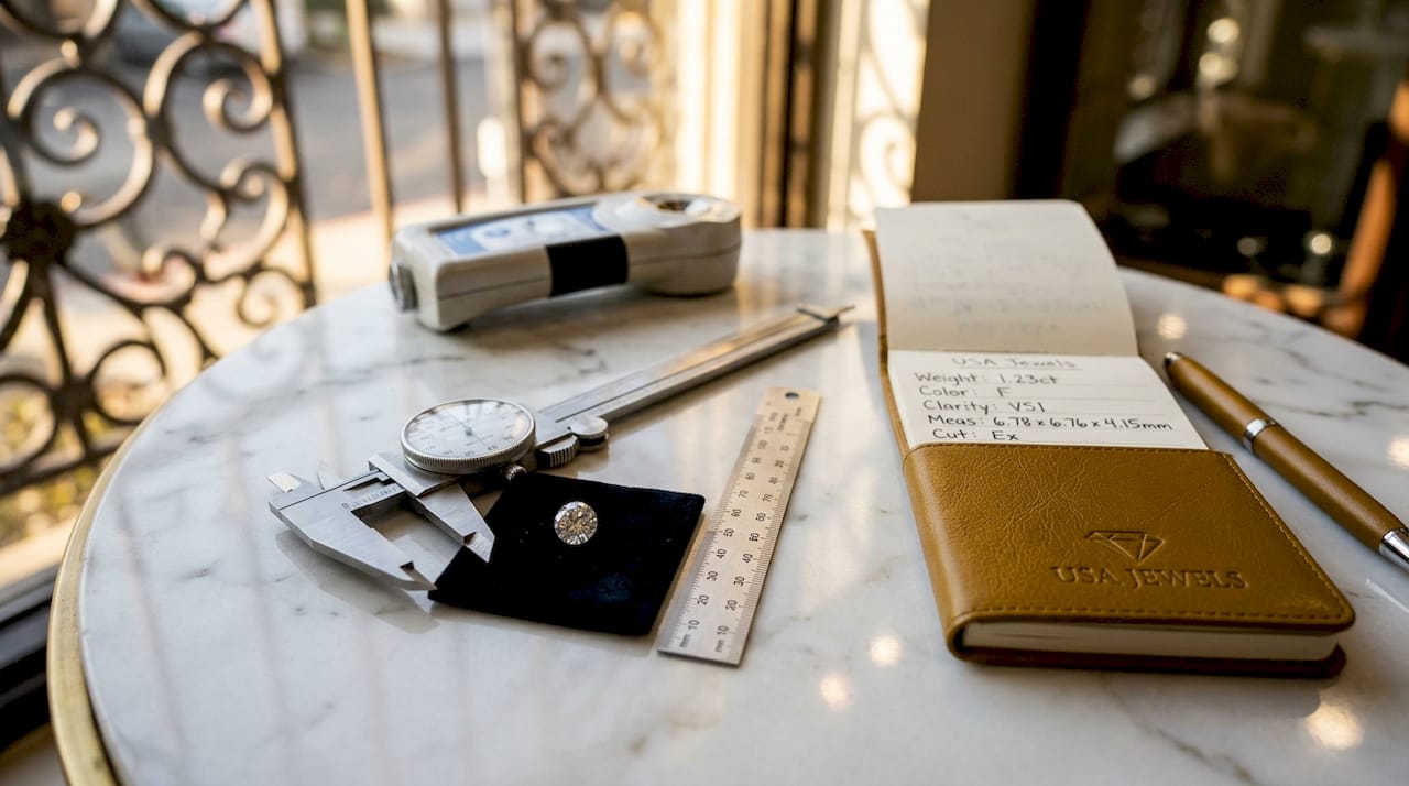 Close-up of diamond inspection tools on table