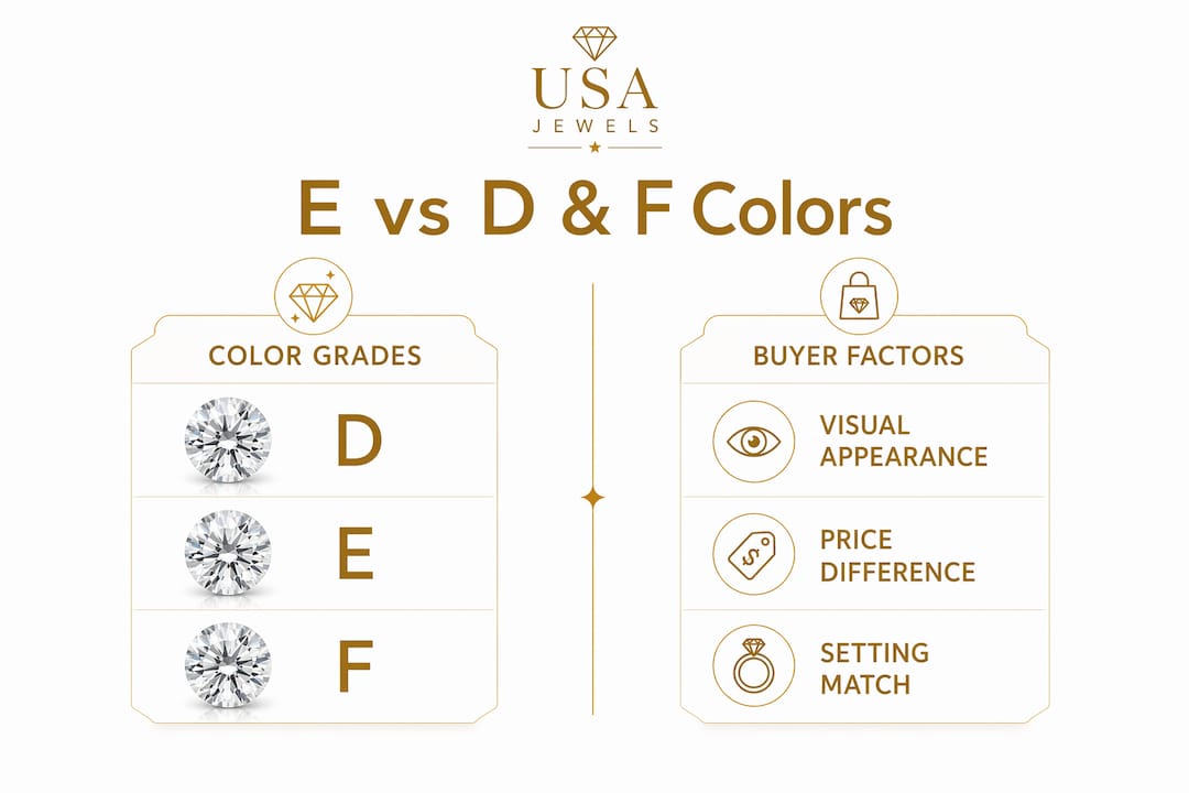 Infographic comparing E, D, and F diamond colors