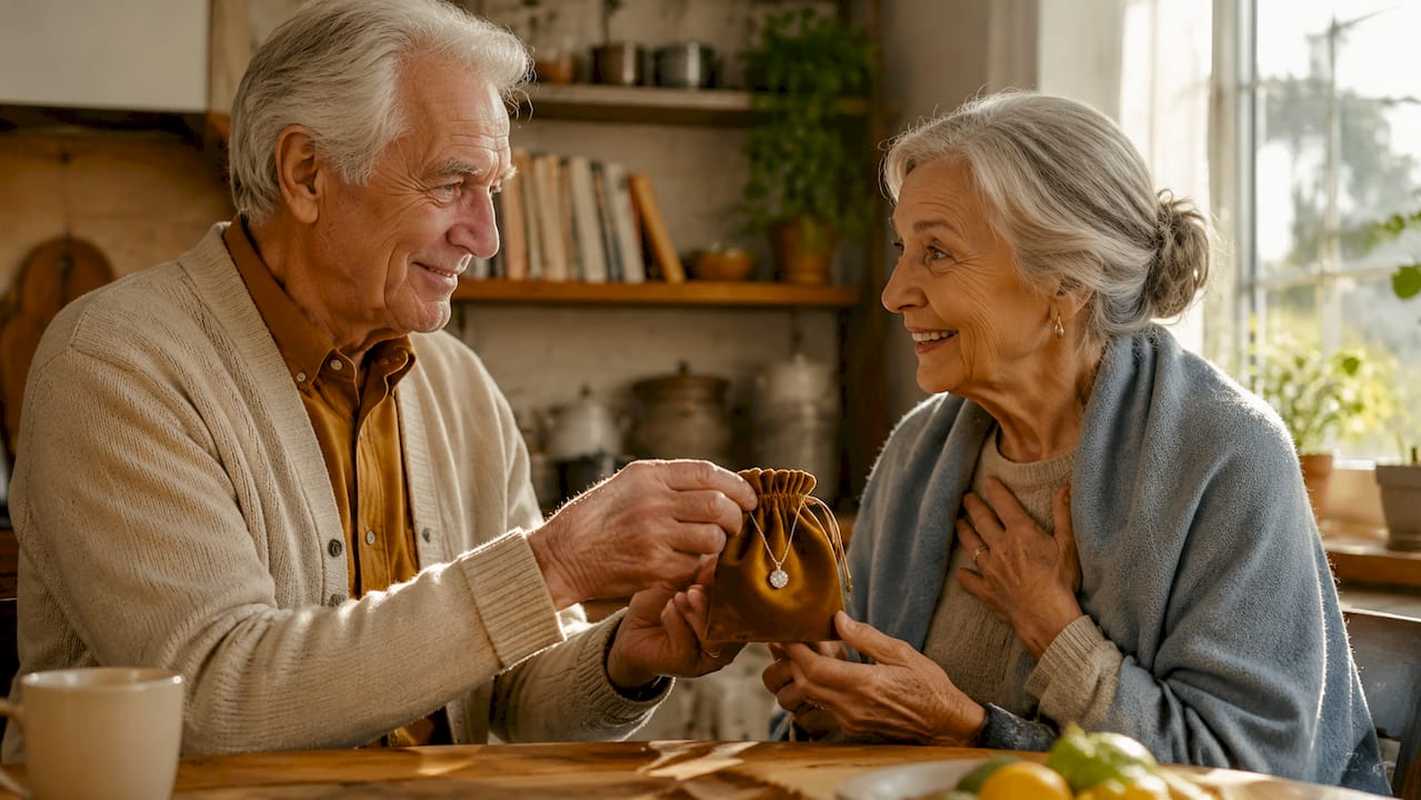 Elderly couple sharing heirloom anniversary jewelry
