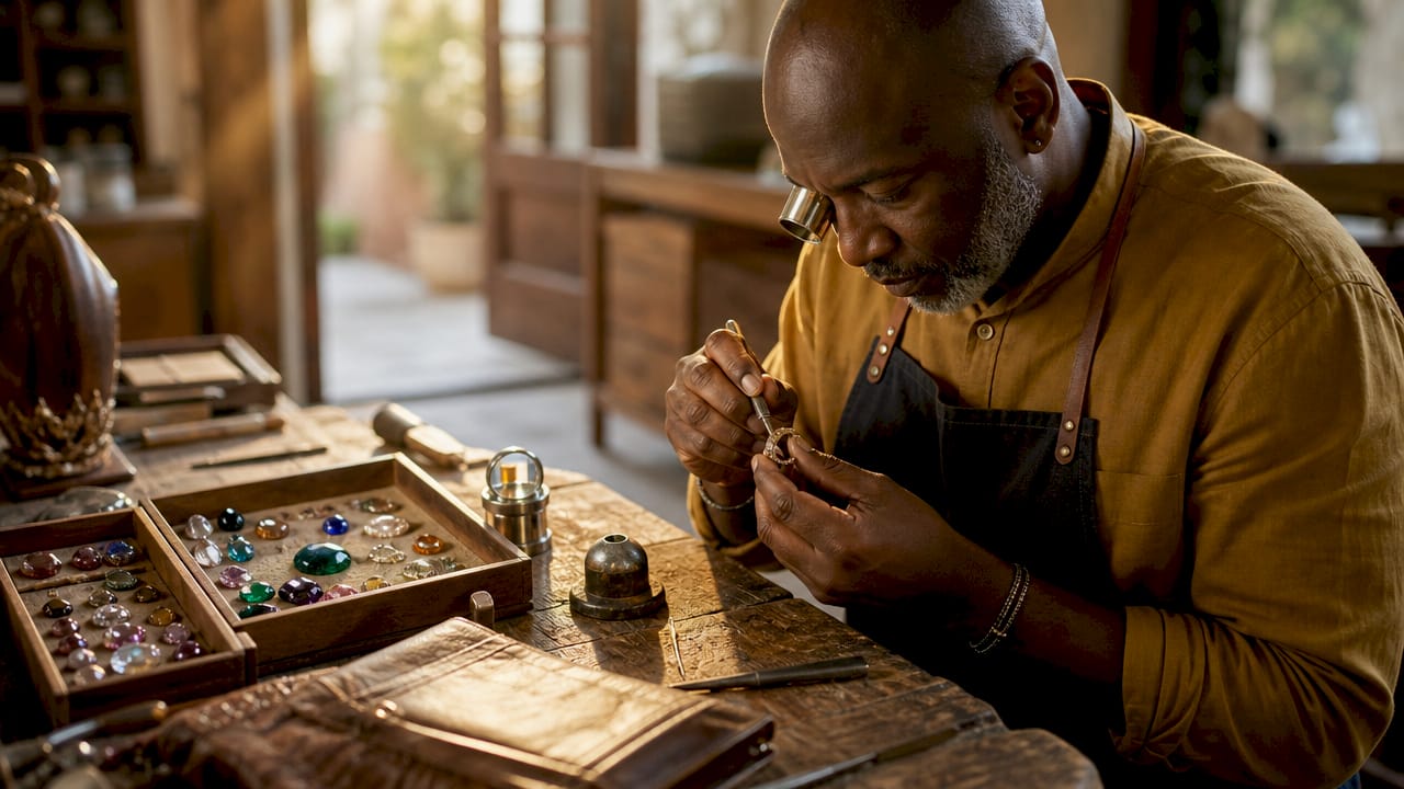 Jeweler engraving a gold ring with stones and style guides