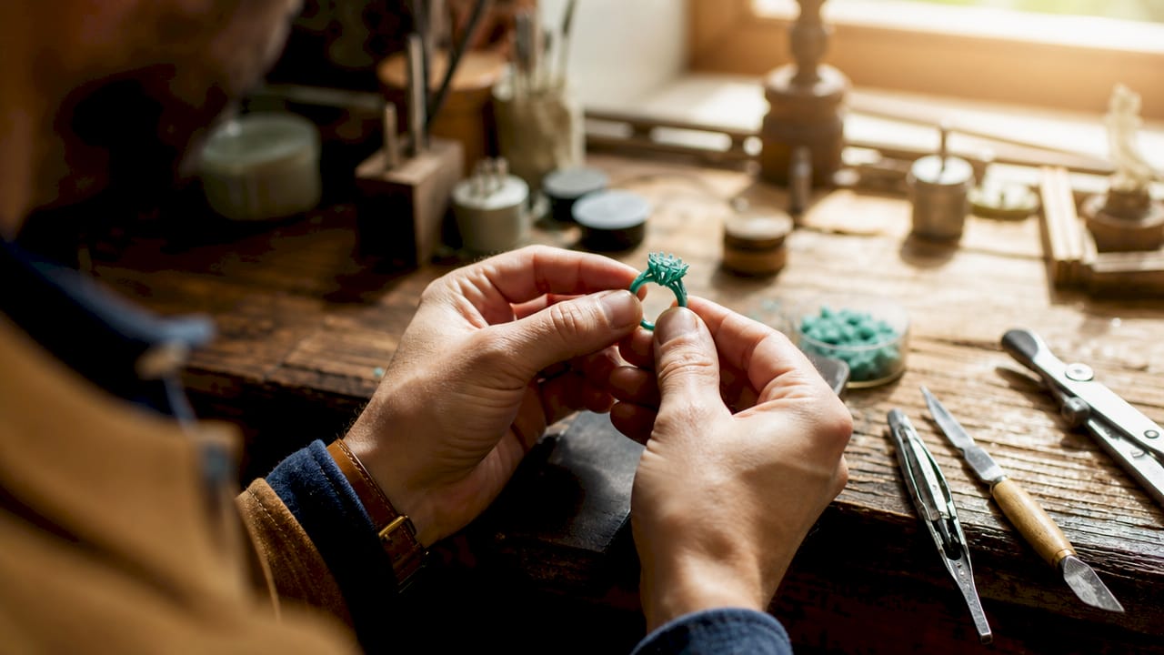 Hands inspecting wax model for jewelry quality