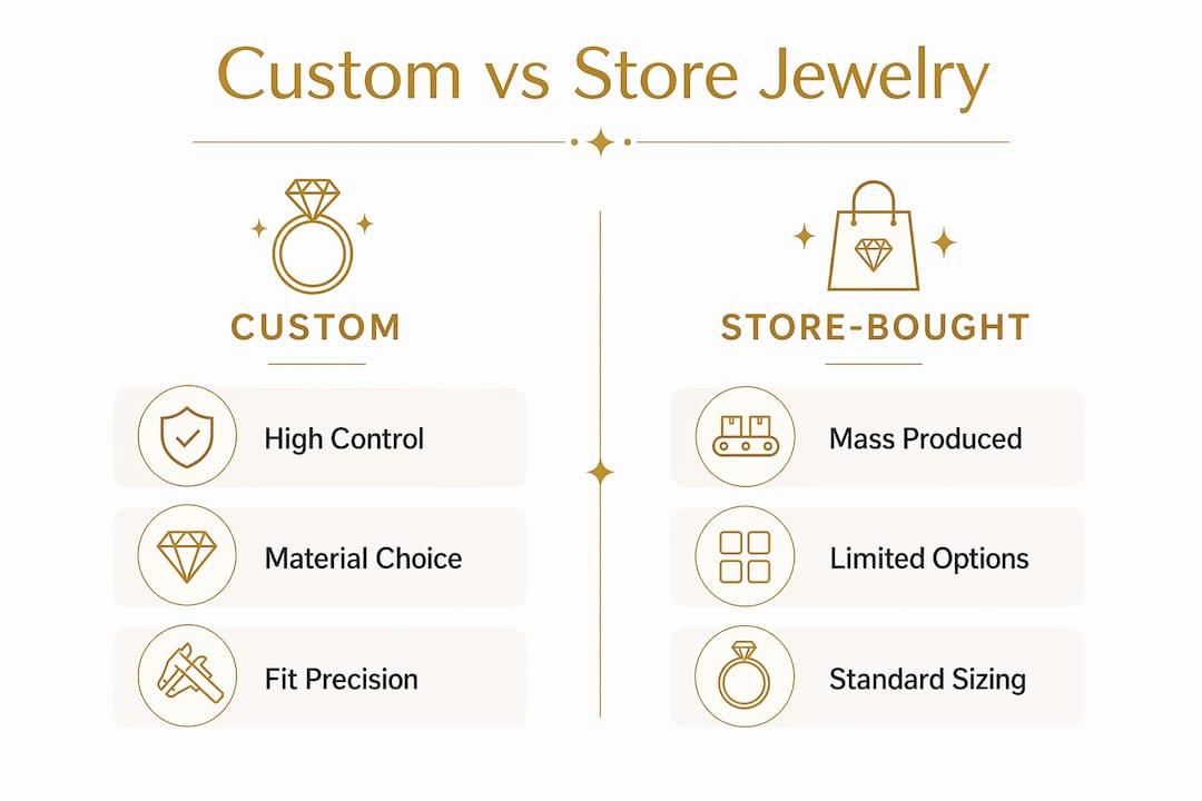 Comparison infographic of custom and store-bought jewelry quality and value