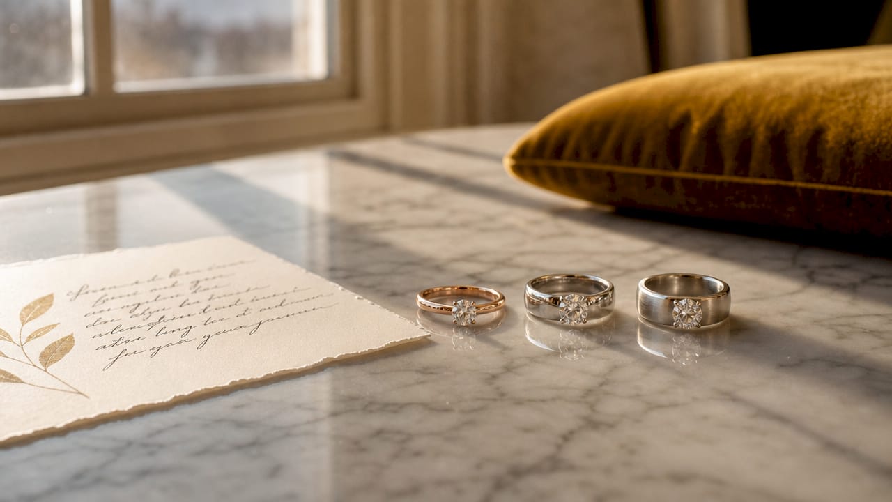 Different engagement ring bands showing engraving character limits