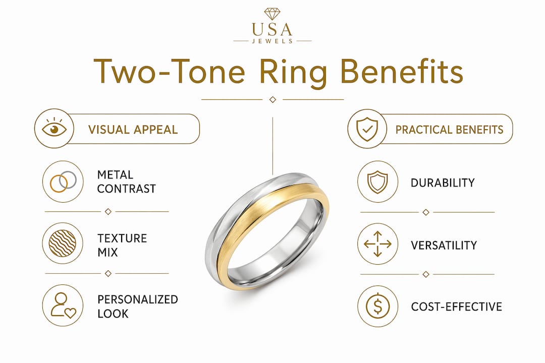 Infographic comparing visual and practical benefits of two-tone rings