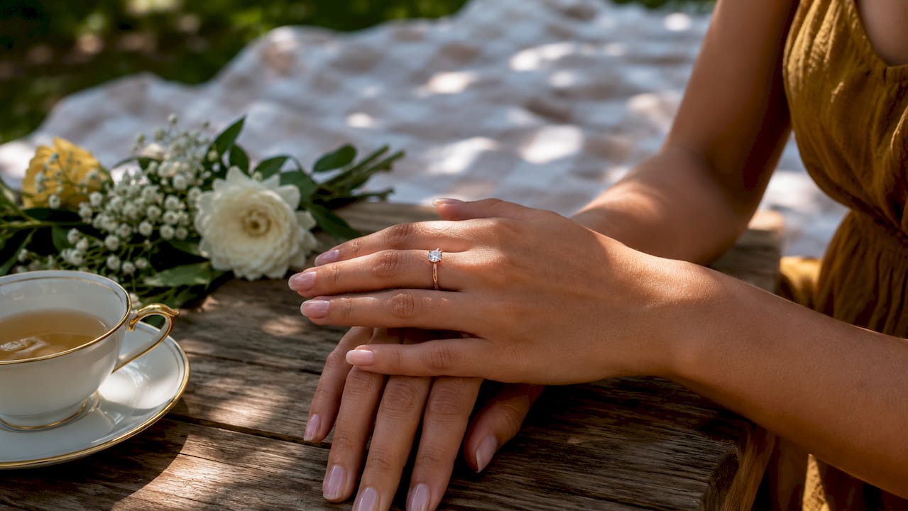 Rose gold ring flattering skin tone on hands