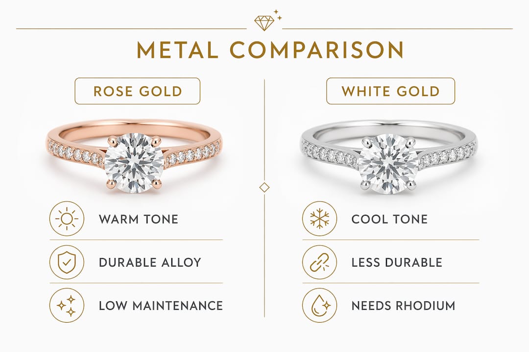 Infographic comparing rose gold and white gold metals