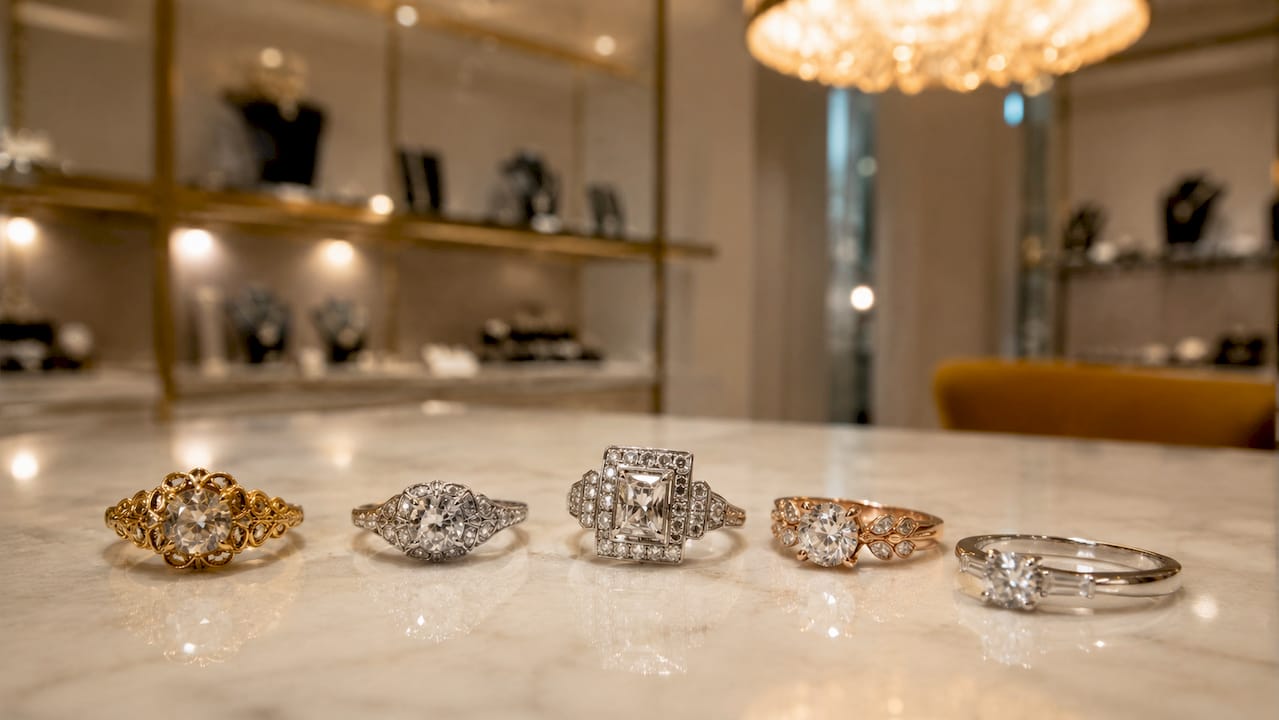 Five vintage engagement rings by era