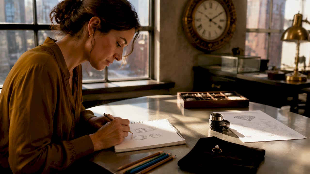 Jeweler sketching engagement ring designs