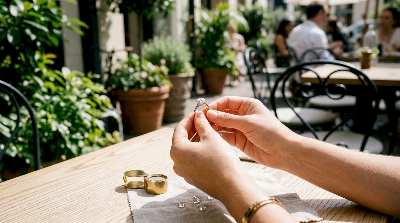 Hands examining moissanite ring close-up