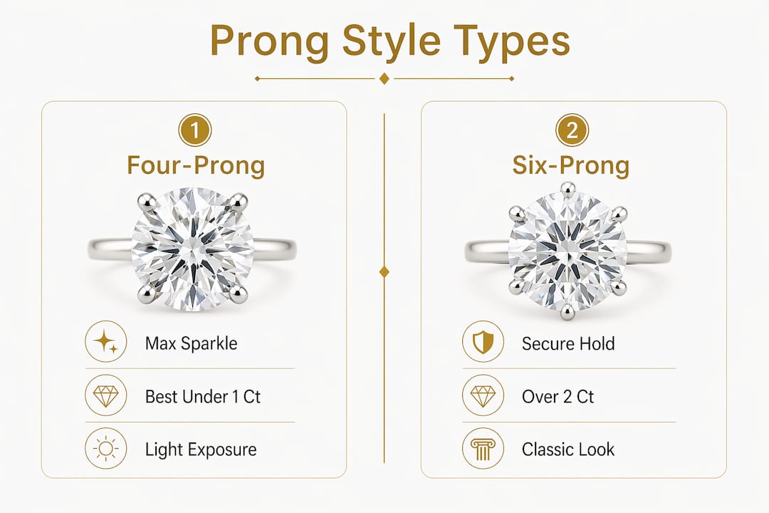 Infographic comparing four and six prong engagement ring styles