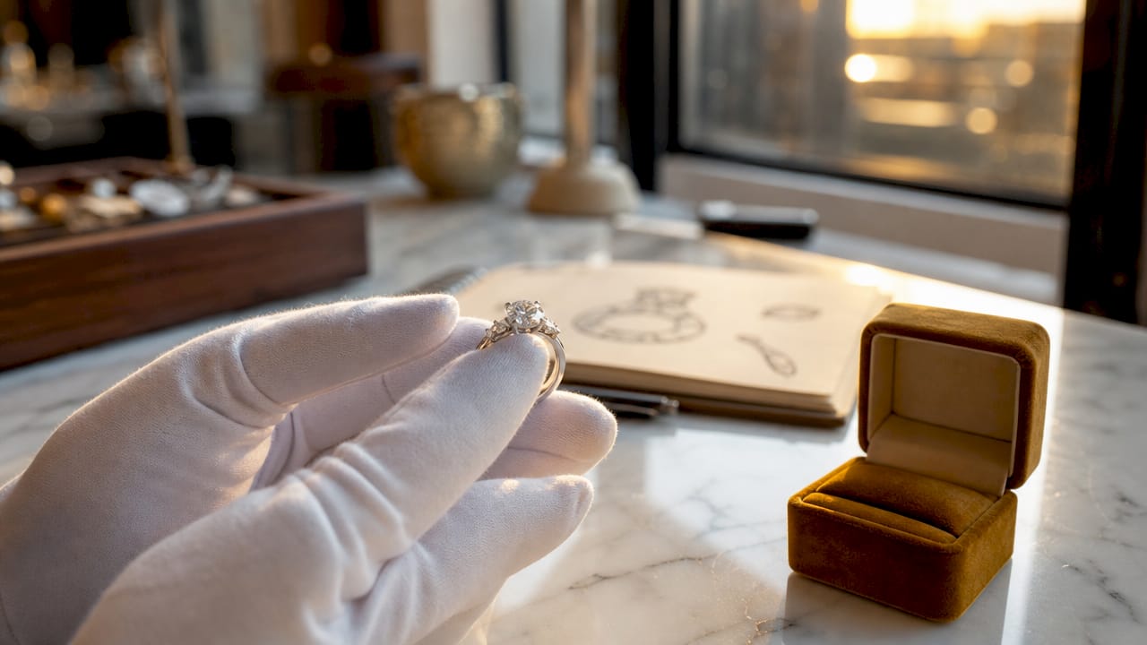 Close-up platinum engagement ring in jeweler's hand