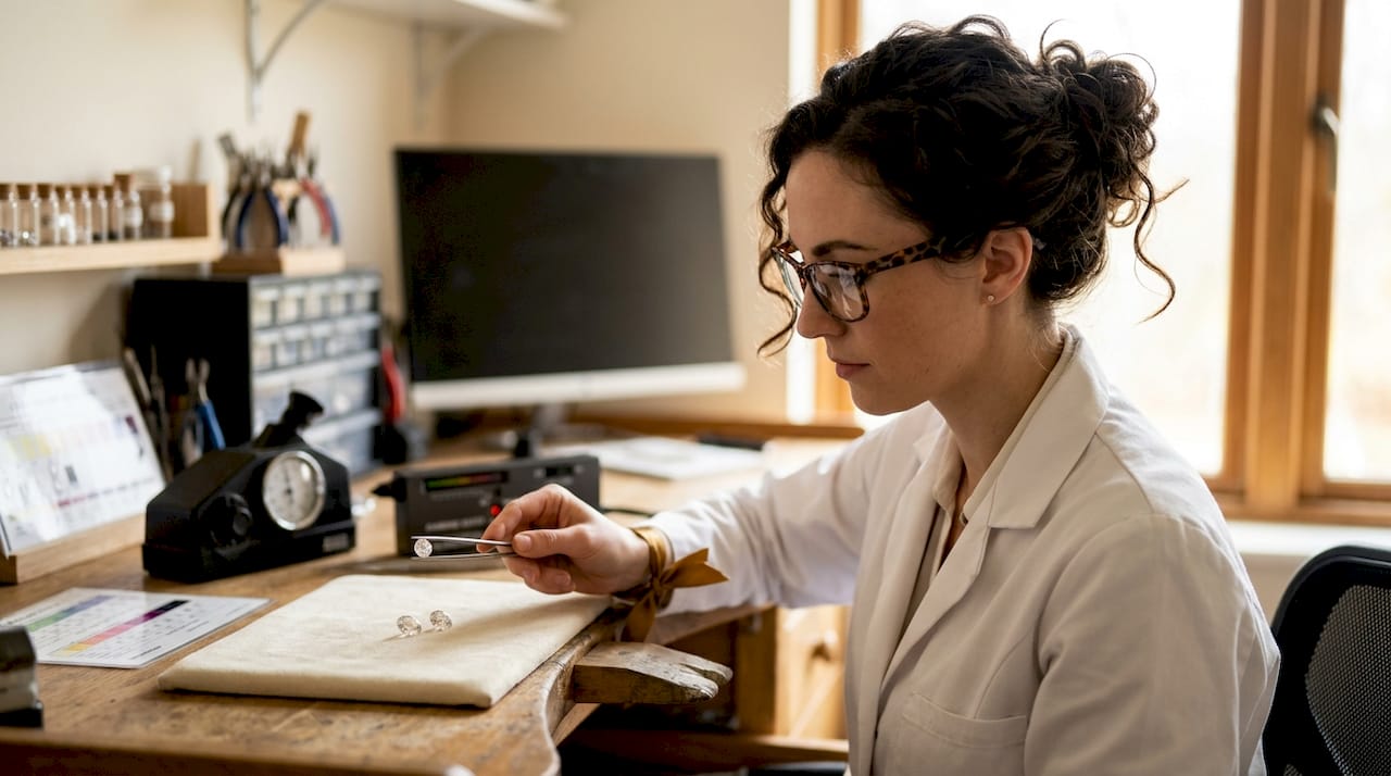 Gemologist inspecting cubic zirconia and moissanite stones in lab
