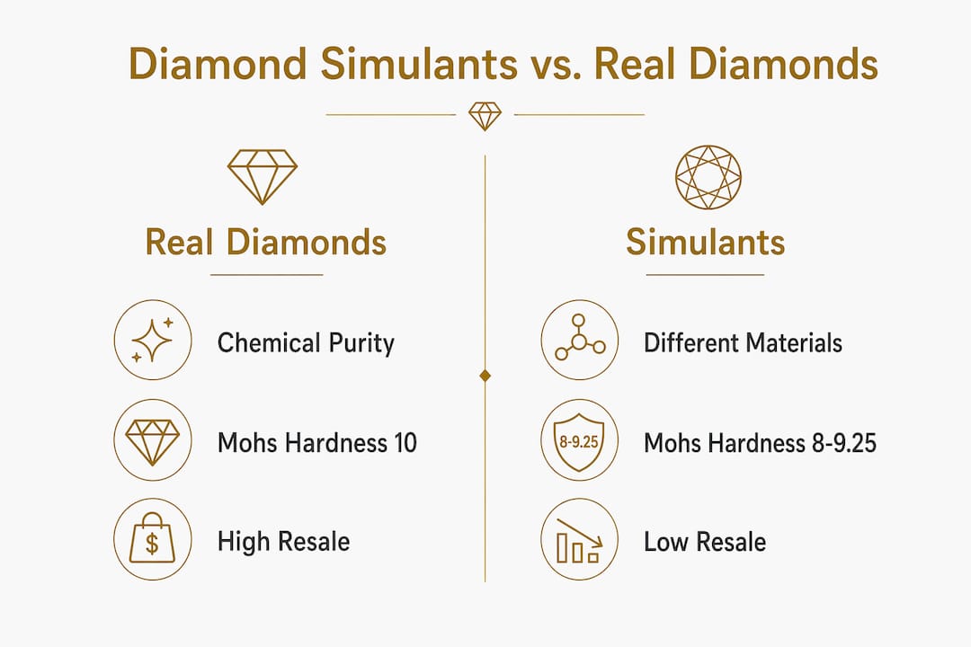 Infographic comparing properties of real diamonds and simulants