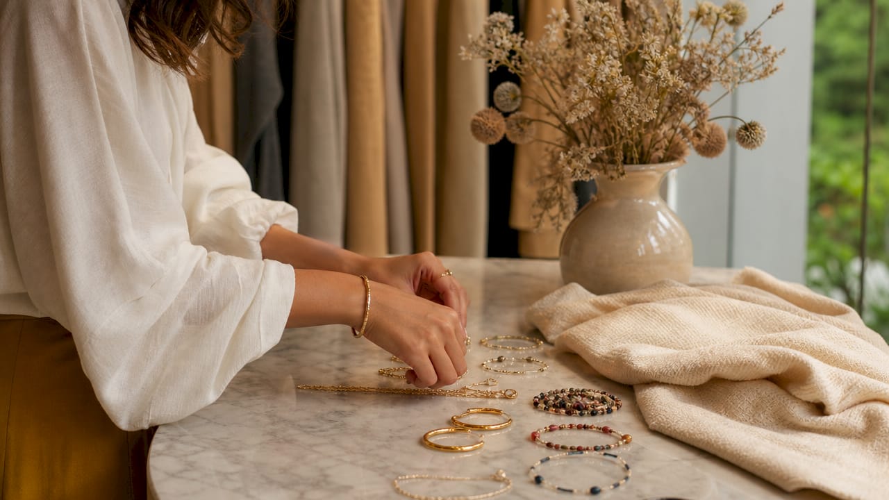 Hands arranging jewelry outdoors on wooden table