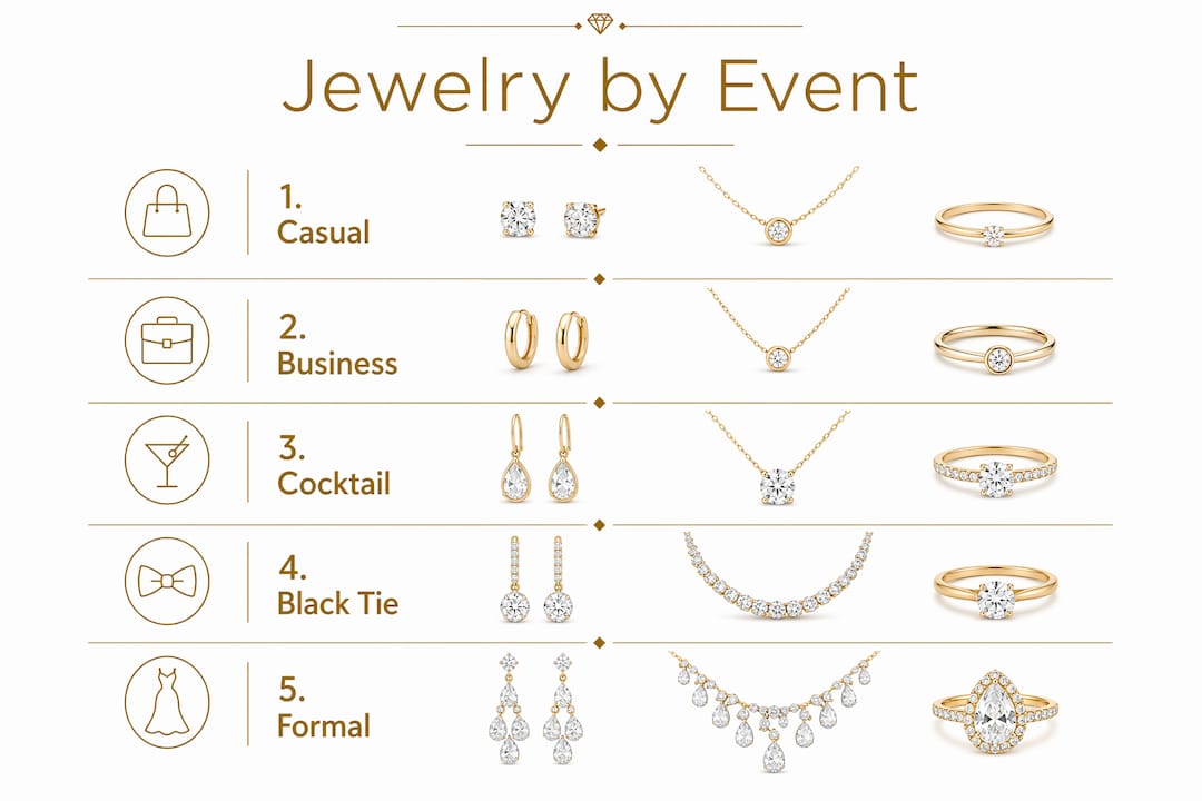 Infographic showing jewelry styles by event formality