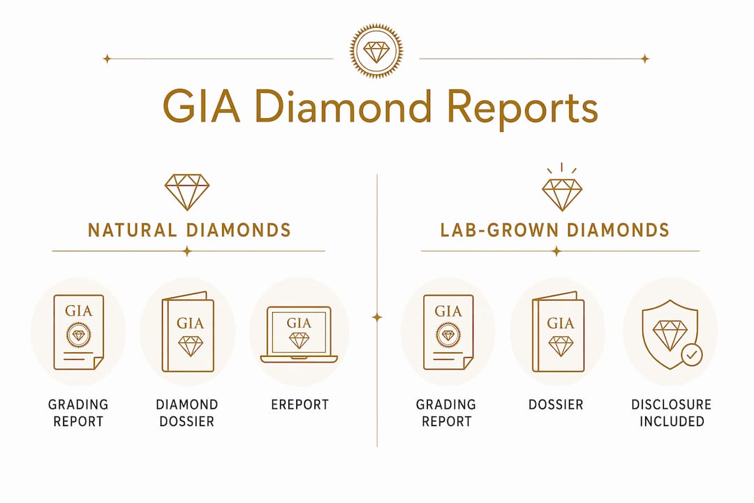 Infographic comparing GIA report types for natural and lab-grown diamonds