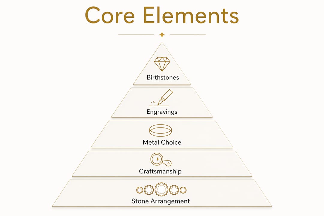 Infographic showing core elements of mother's ring design