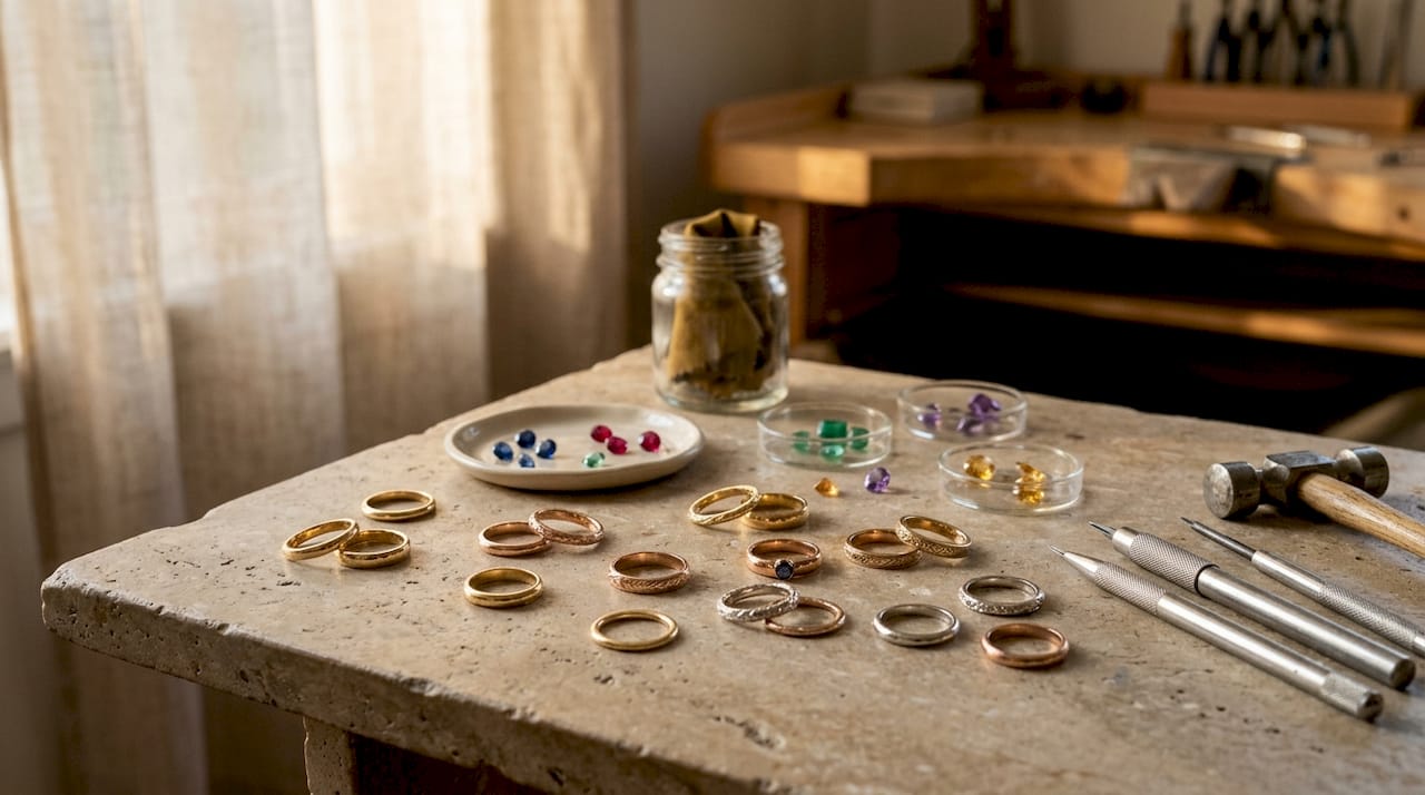Metal ring bands with birthstones and engraving tools