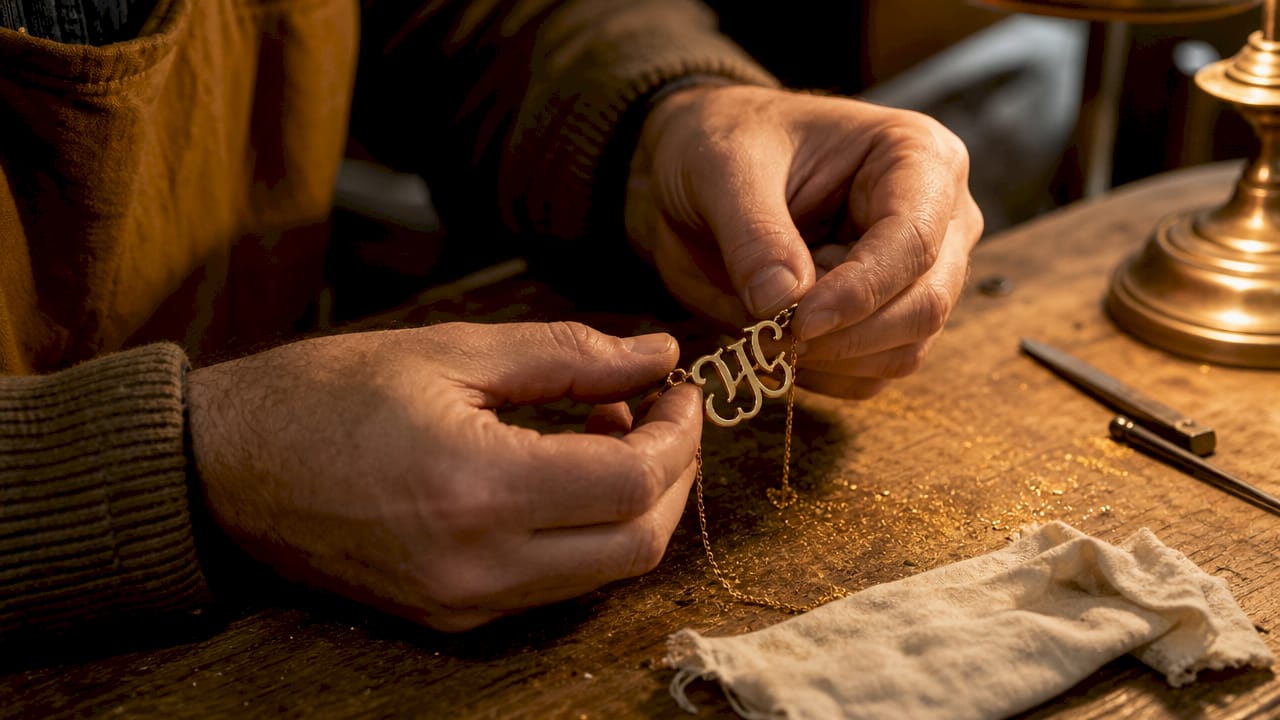 Close-up of hands assembling monogram necklace