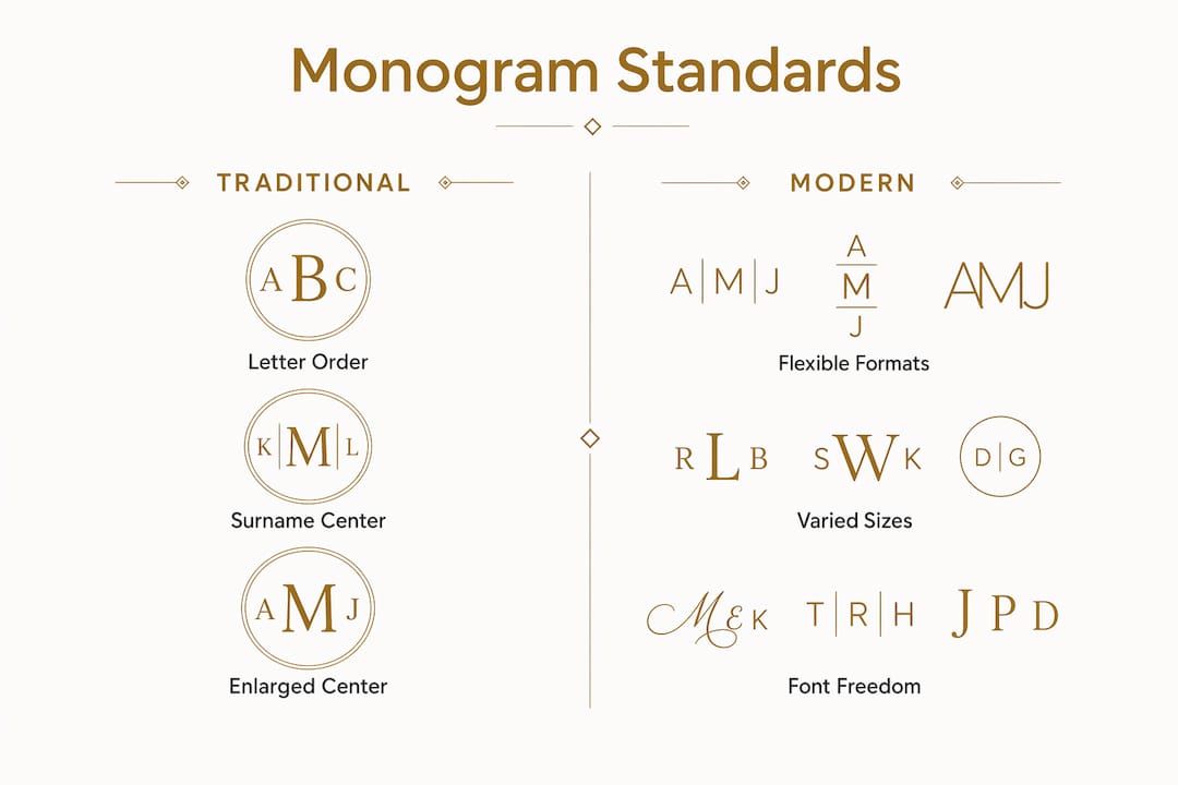 Infographic comparing traditional and modern monogram jewelry standards