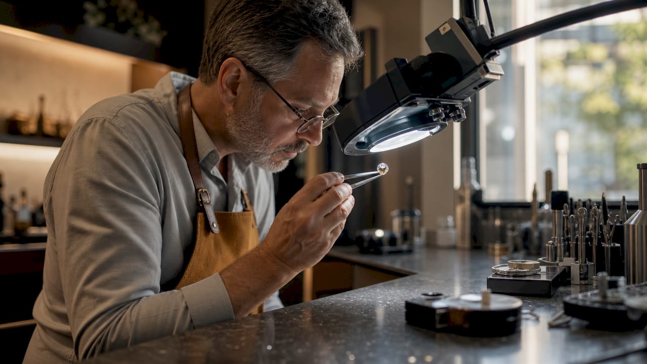 Jeweler examining diamond cut under microscope