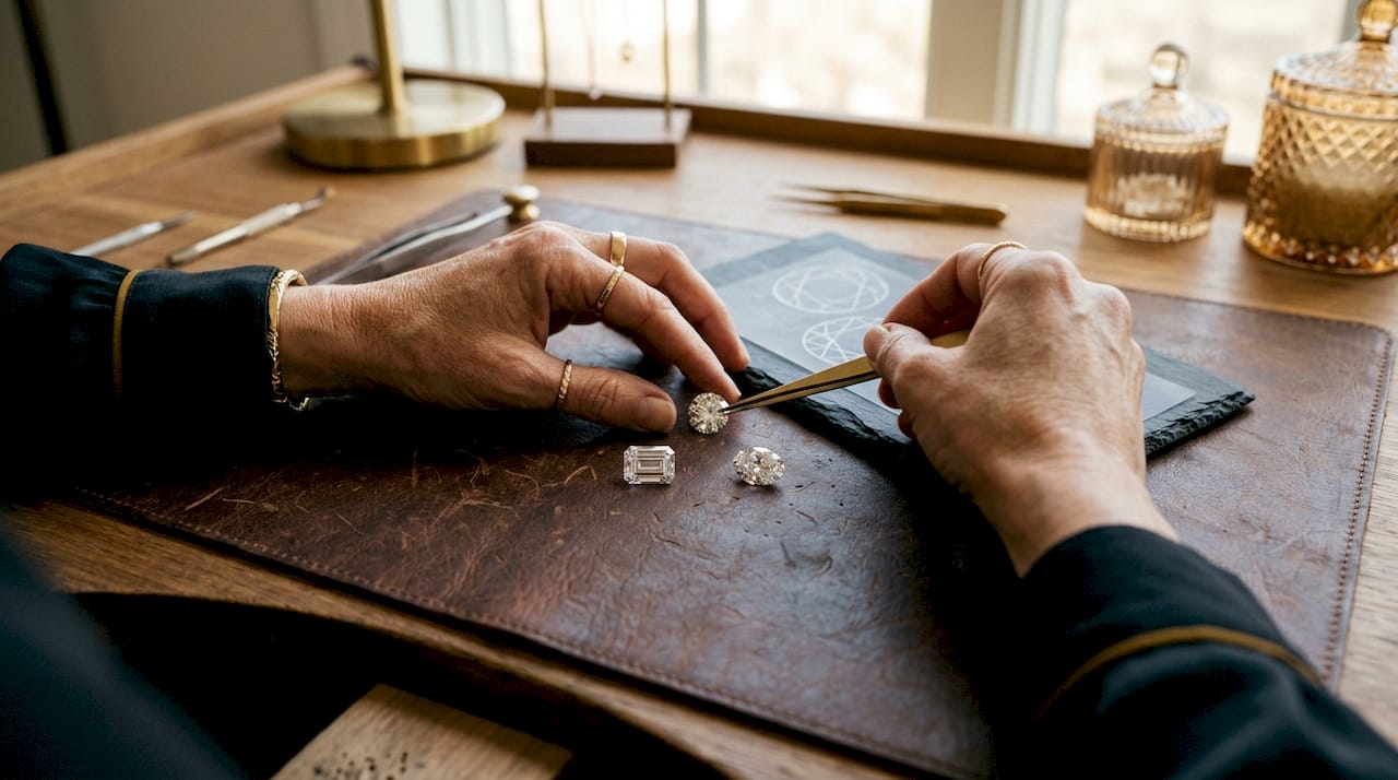 Close-up hands with diamond cut styles on workbench