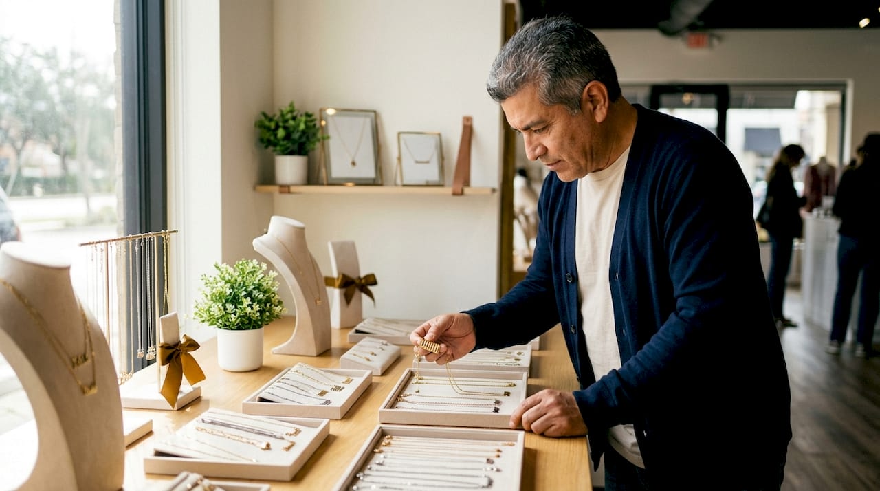 Hands selecting metal name necklace on boutique display