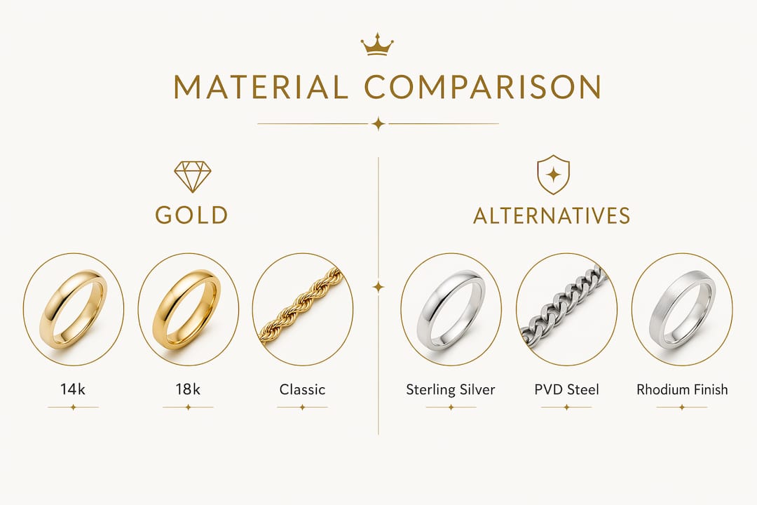 Infographic comparing name necklace materials and features