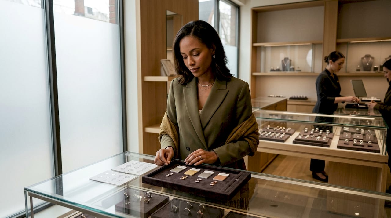 Hands sorting ring budget and style samples at jeweler