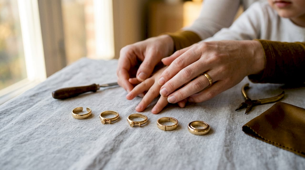 Hands displaying four types of adjustable ring mechanisms