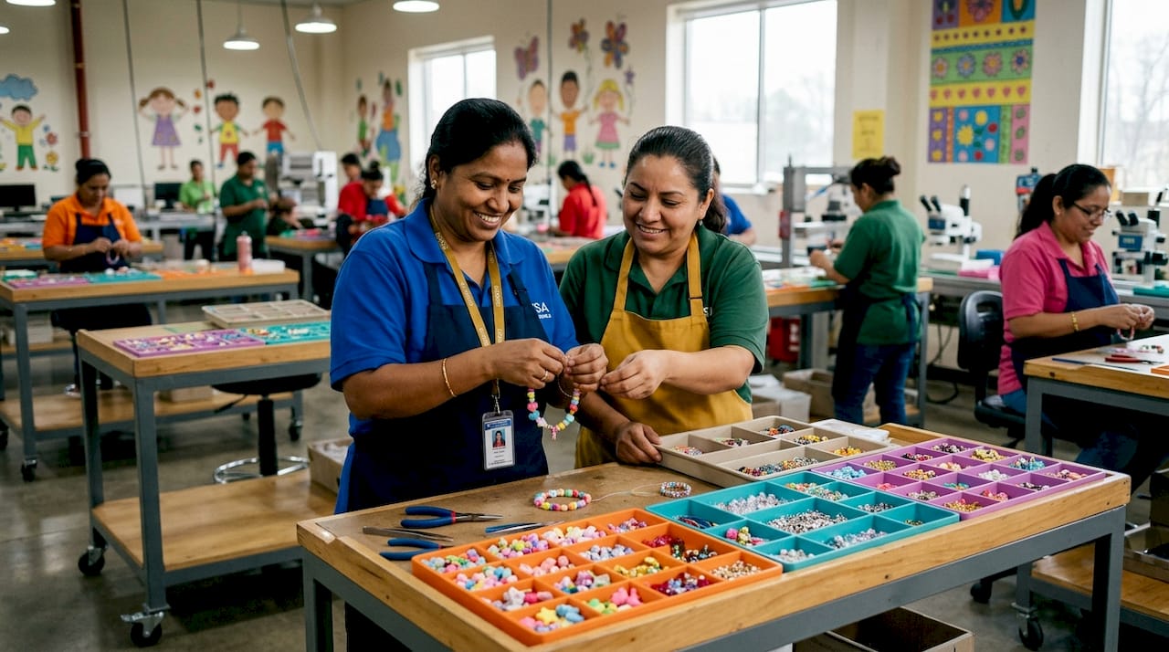 Factory assembly line mass-producing children's jewelry