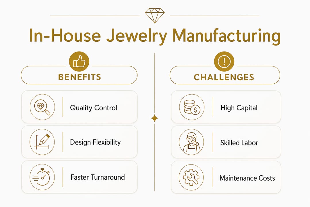 Infographic comparing benefits and challenges of in-house jewelry manufacturing