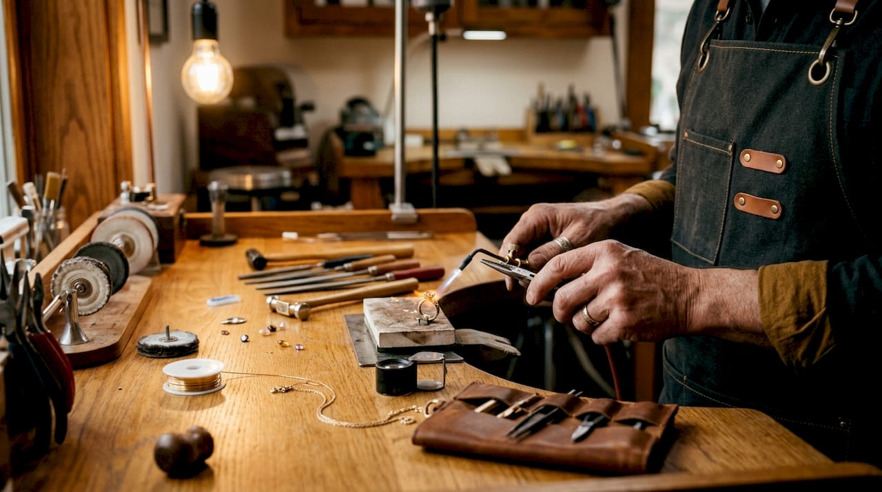 Jeweler crafting custom gold ring in workshop
