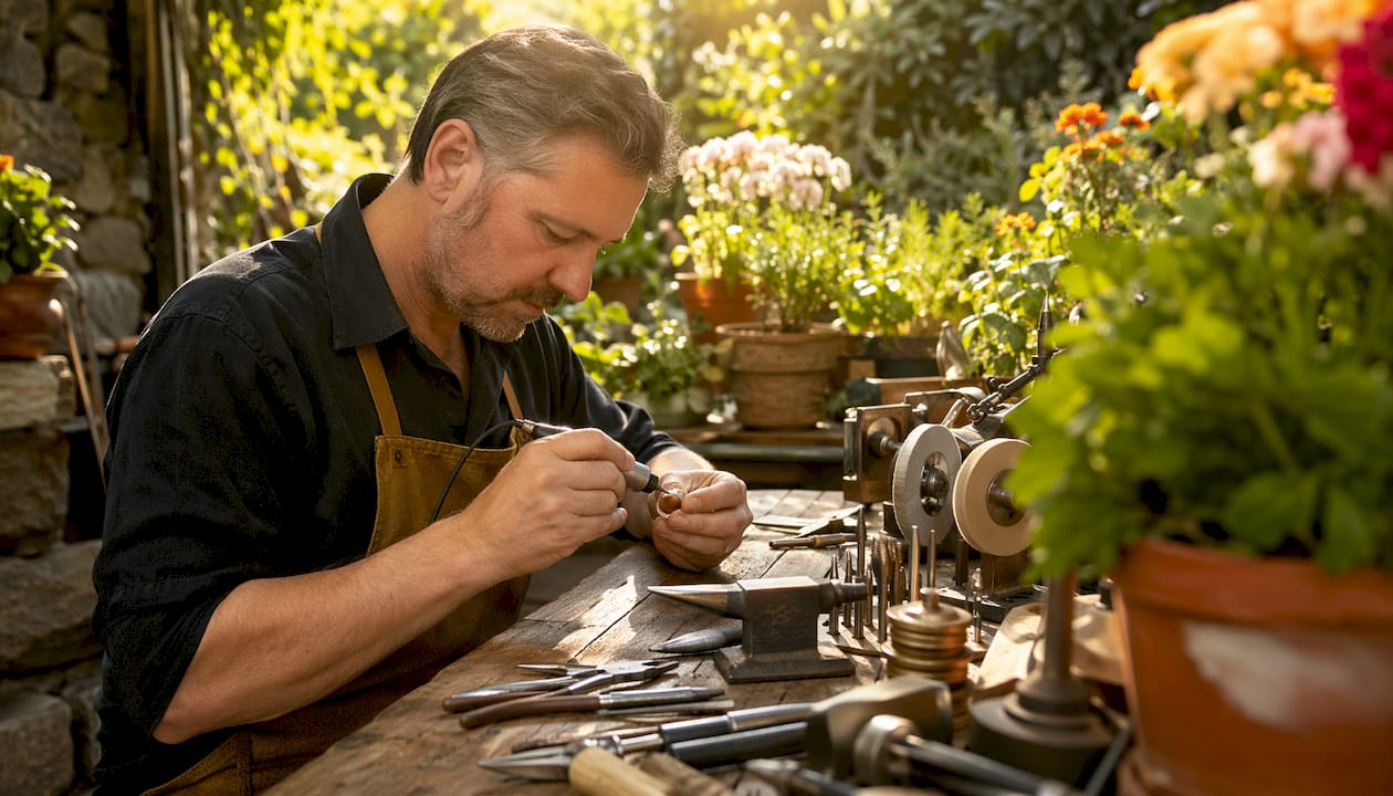 Jeweler hands crafting fine gold ring