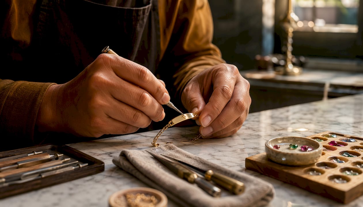 Artisan inspecting solid 14K gold bracelet craftsmanship